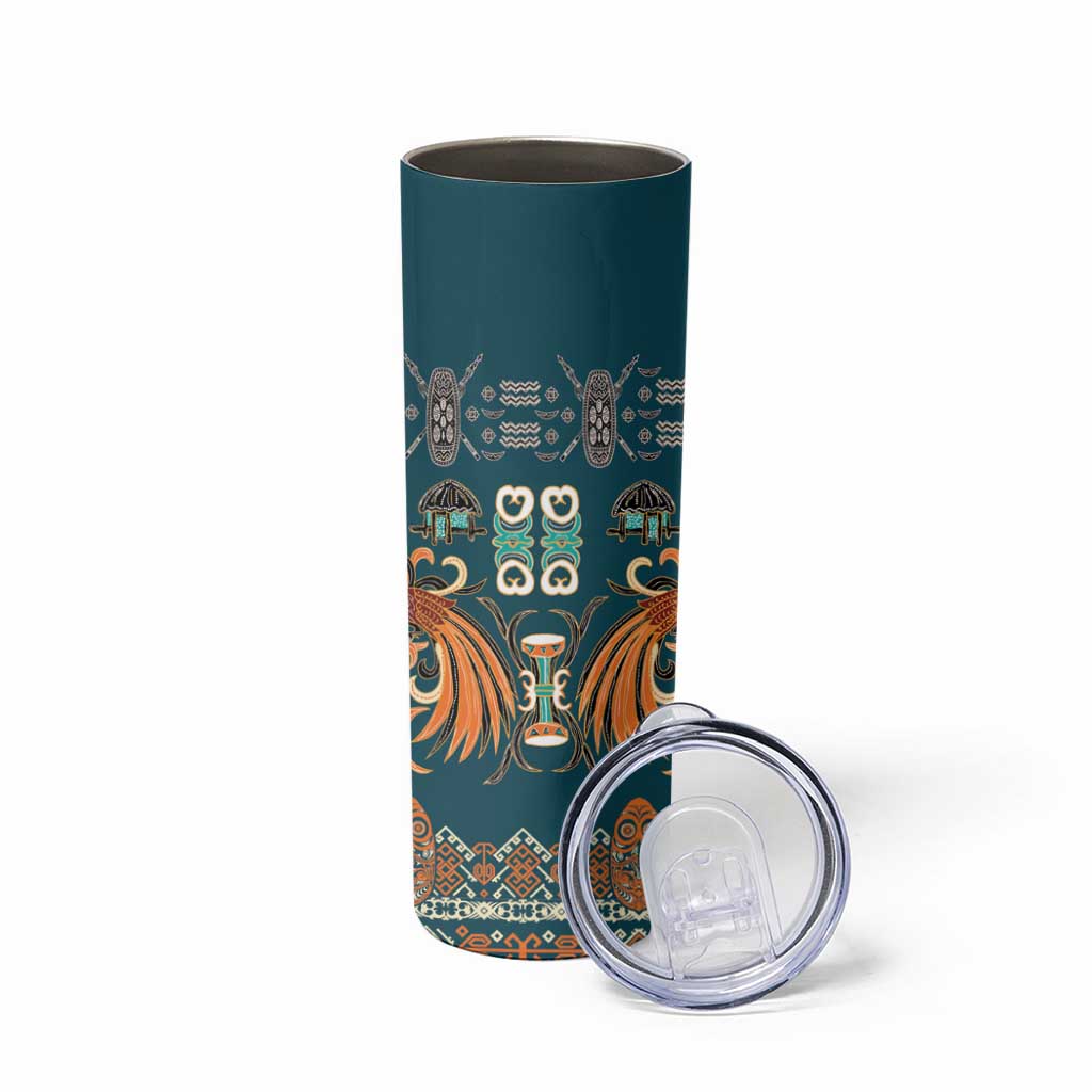 Dark Cyan Blue Batik Papua-inspired Pattern Skinny Tumbler - Polynesian Pride