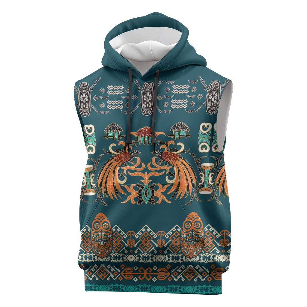 Dark Cyan Blue Batik Papua-inspired Pattern Sleeveless Hoodie LT9 Blue - Polynesian Pride