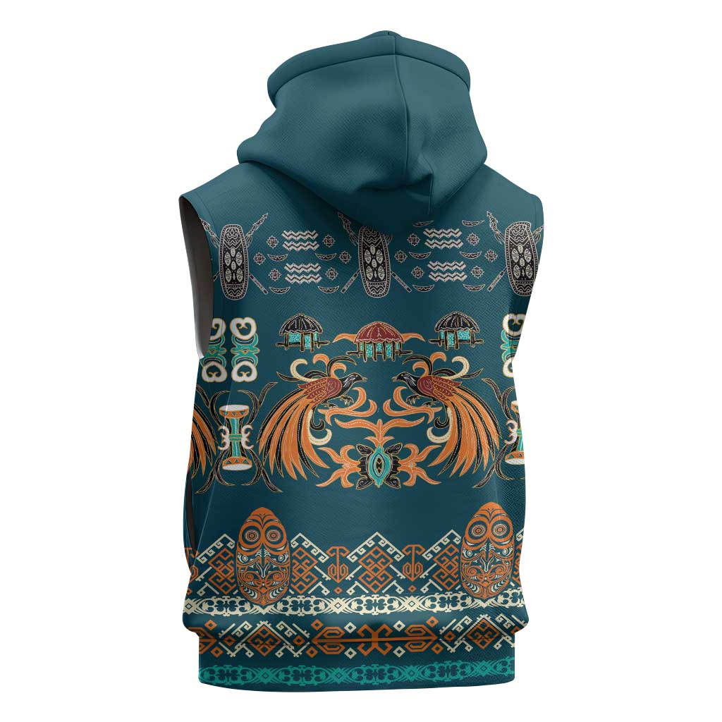 Dark Cyan Blue Batik Papua-inspired Pattern Sleeveless Hoodie LT9 - Polynesian Pride