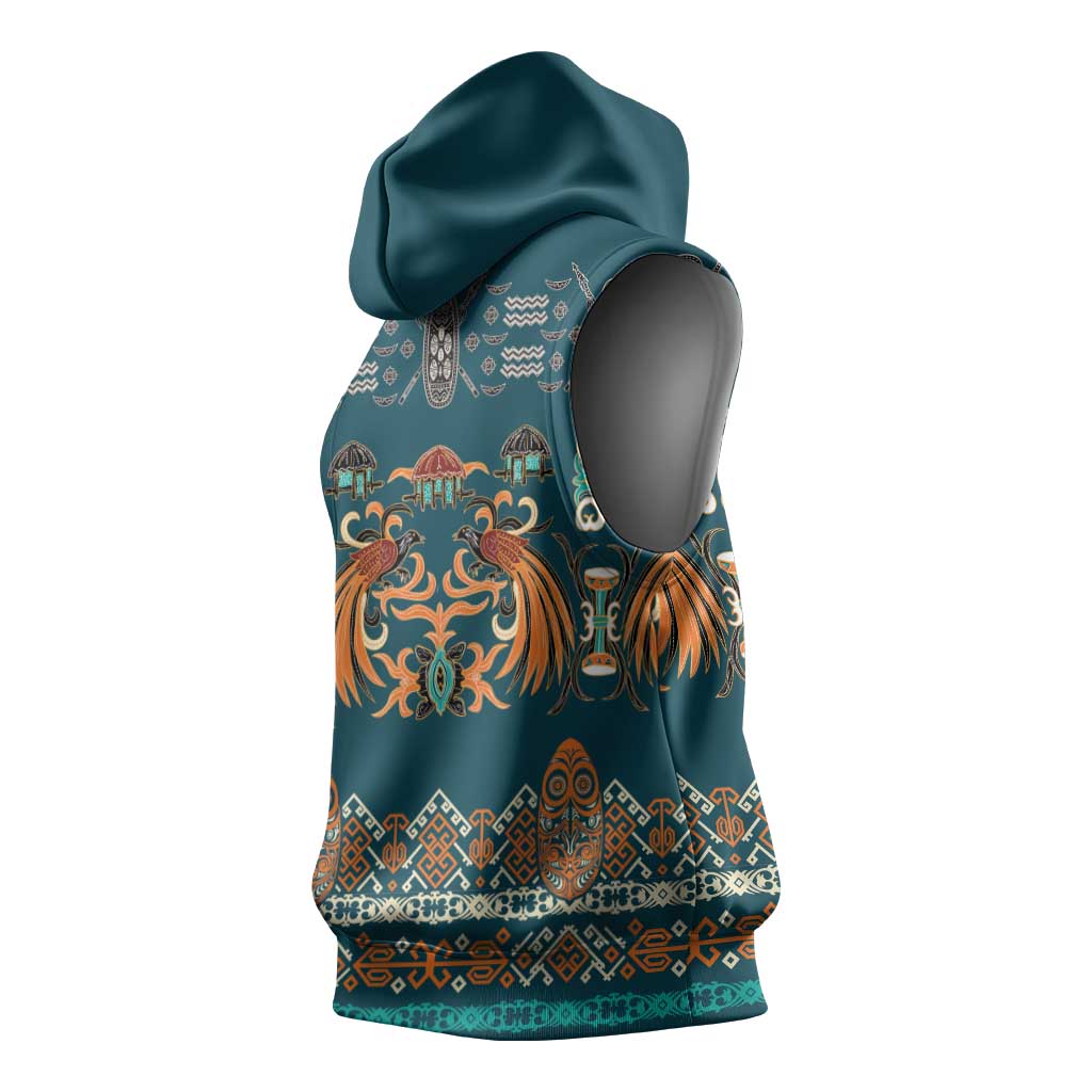 Dark Cyan Blue Batik Papua-inspired Pattern Sleeveless Hoodie LT9 - Polynesian Pride
