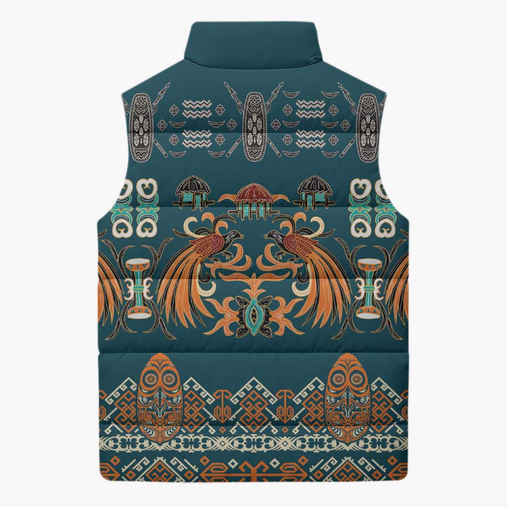 Dark Cyan Blue Batik Papua-inspired Pattern Sleeveless Puffer Jacket - Polynesian Pride