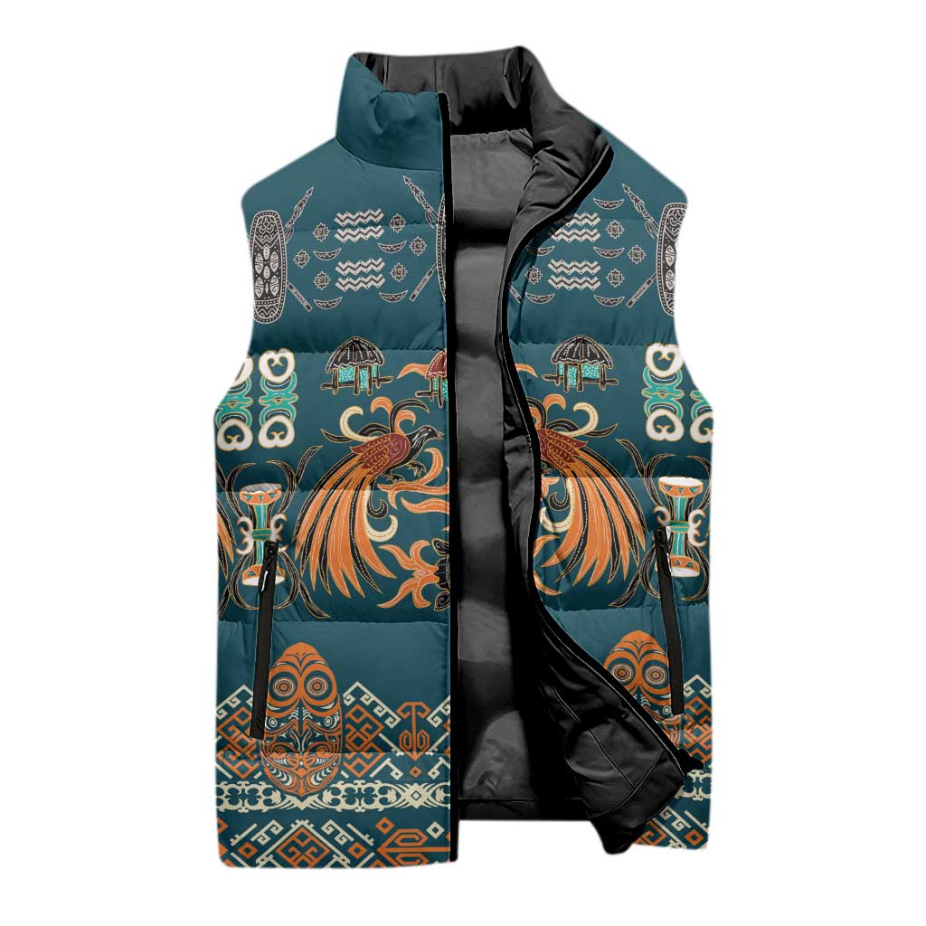 Dark Cyan Blue Batik Papua-inspired Pattern Sleeveless Puffer Jacket - Polynesian Pride