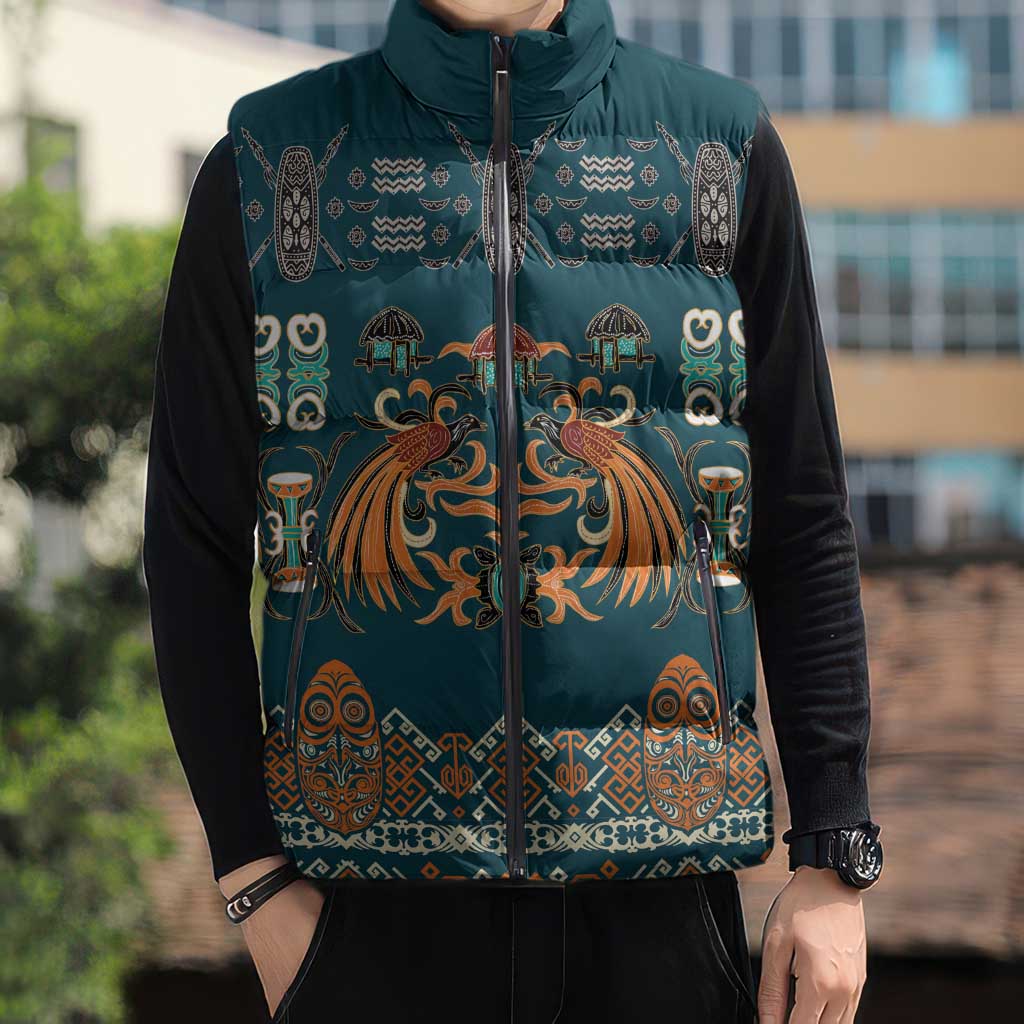 Dark Cyan Blue Batik Papua-inspired Pattern Sleeveless Puffer Jacket - Polynesian Pride