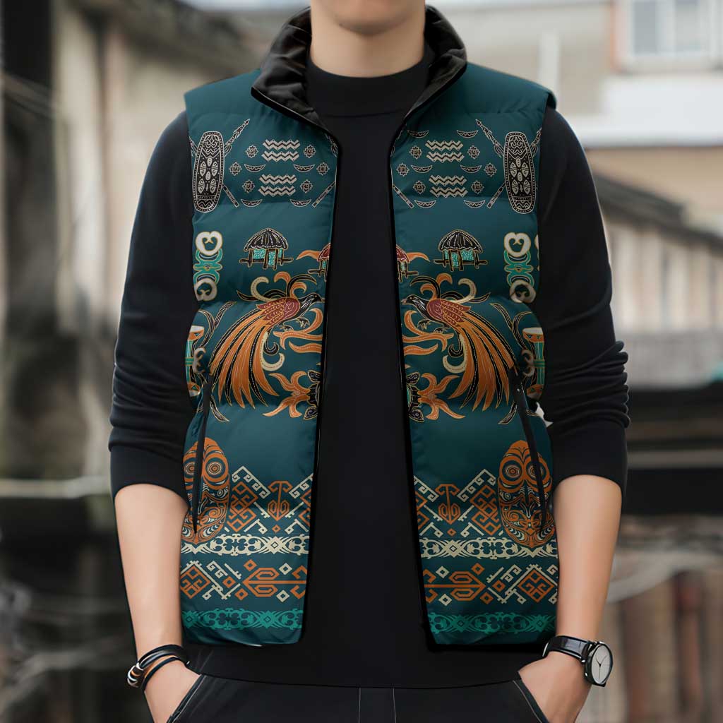 Dark Cyan Blue Batik Papua-inspired Pattern Sleeveless Puffer Jacket - Polynesian Pride