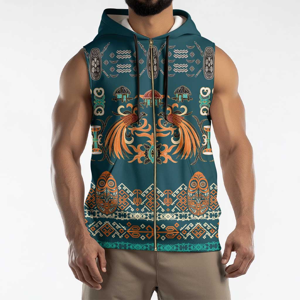 Dark Cyan Blue Batik Papua-inspired Pattern Sleeveless Zip Hoodie - Polynesian Pride