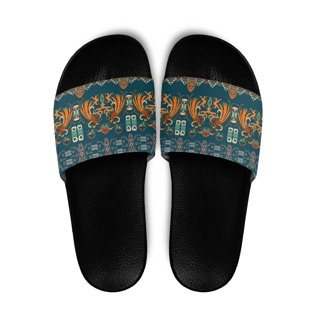 Dark Cyan Blue Batik Papua-inspired Pattern Slide Sandals LT9 Blue - Polynesian Pride