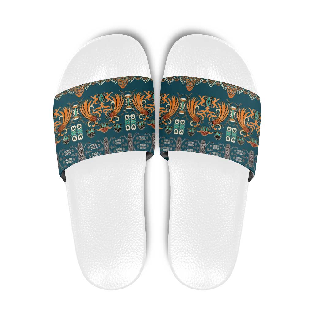 Dark Cyan Blue Batik Papua-inspired Pattern Slide Sandals LT9 Blue - Polynesian Pride