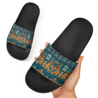 Dark Cyan Blue Batik Papua-inspired Pattern Slide Sandals LT9 - Polynesian Pride