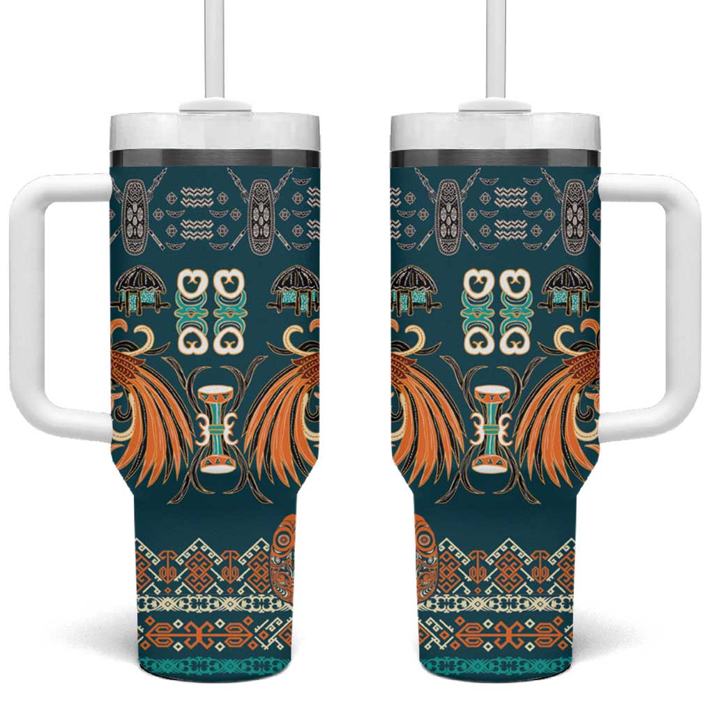 Dark Cyan Blue Batik Papua-inspired Pattern Tumbler With Handle LT9 One Size: 40 oz Blue - Polynesian Pride
