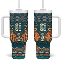 Dark Cyan Blue Batik Papua-inspired Pattern Tumbler With Handle LT9 One Size: 40 oz Blue - Polynesian Pride