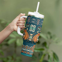 Dark Cyan Blue Batik Papua-inspired Pattern Tumbler With Handle LT9 - Polynesian Pride