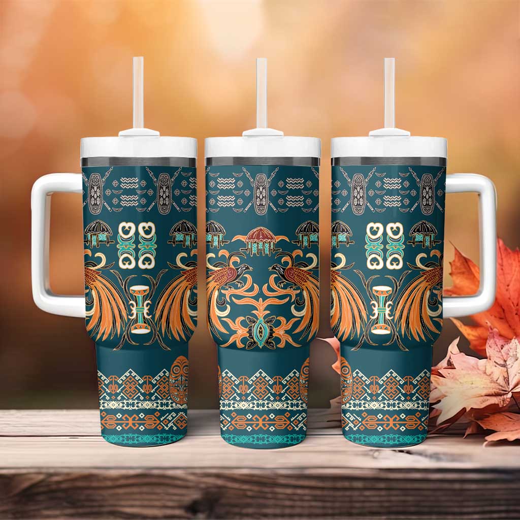 Dark Cyan Blue Batik Papua-inspired Pattern Tumbler With Handle LT9 - Polynesian Pride