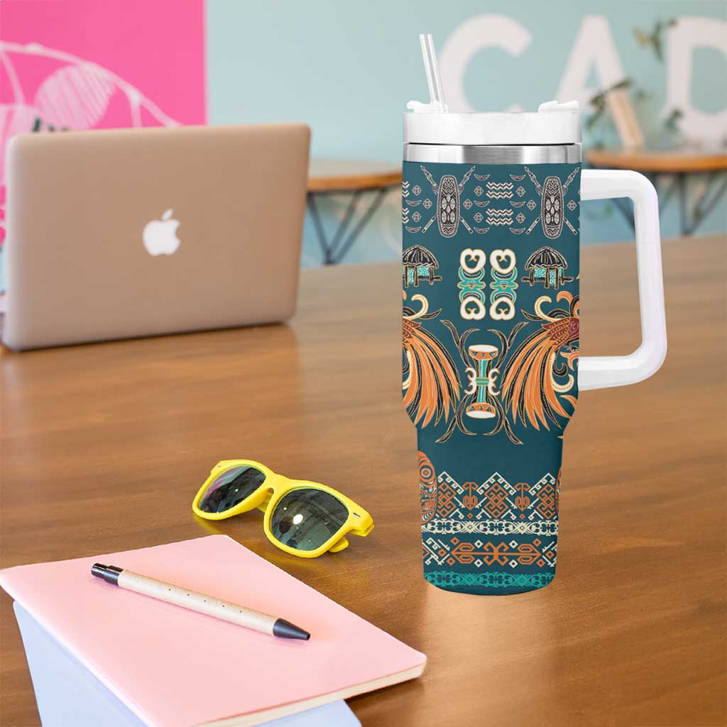 Dark Cyan Blue Batik Papua-inspired Pattern Tumbler With Handle LT9 - Polynesian Pride
