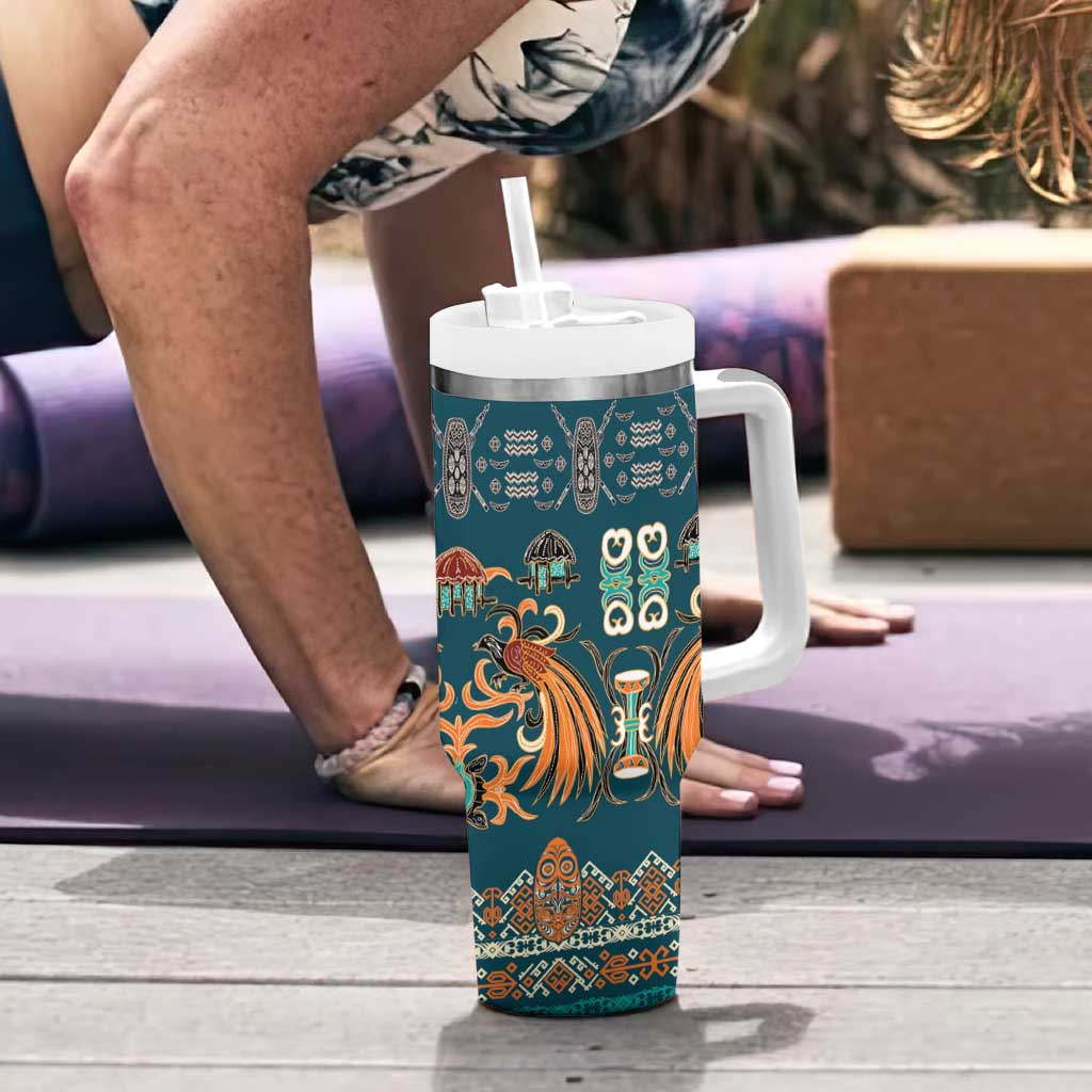 Dark Cyan Blue Batik Papua-inspired Pattern Tumbler With Handle LT9 - Polynesian Pride