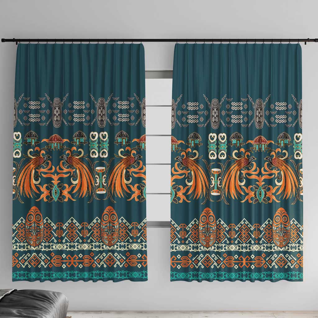 Dark Cyan Blue Batik Papua-inspired Pattern Window Curtain LT9 With Hooks Blue - Polynesian Pride