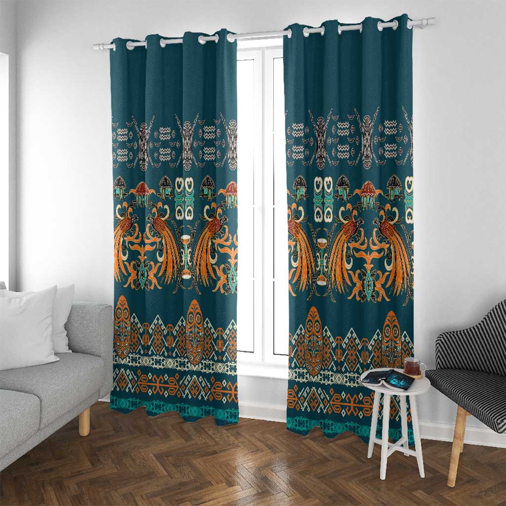 Dark Cyan Blue Batik Papua-inspired Pattern Window Curtain LT9 With Grommets Blue - Polynesian Pride