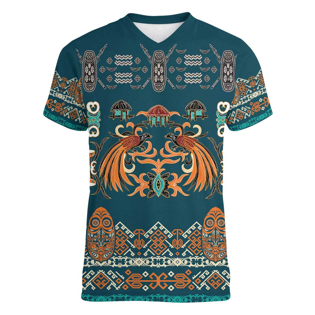 Dark Cyan Blue Batik Papua-inspired Pattern Women V-Neck T-Shirt LT9 Female Blue - Polynesian Pride