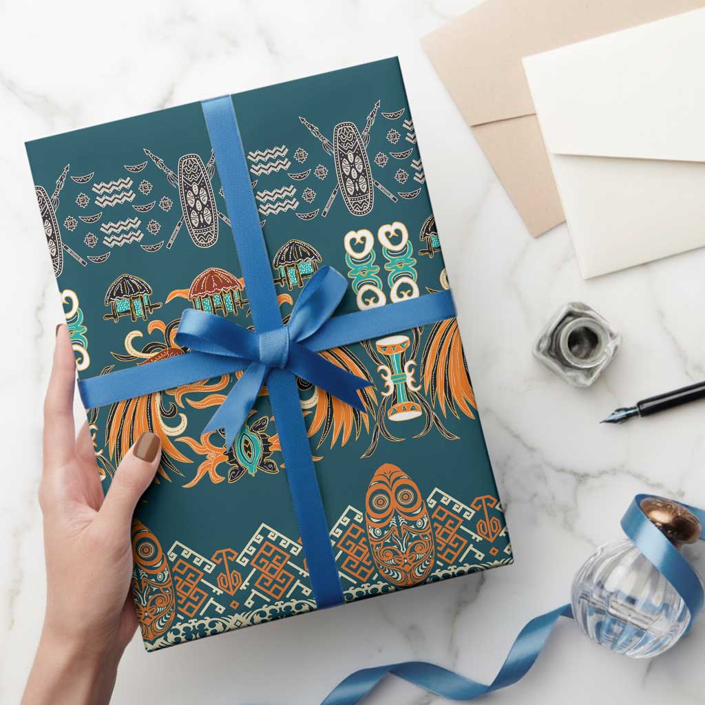 Dark Cyan Blue Batik Papua-inspired Pattern Wrapping Paper LT9 - Polynesian Pride