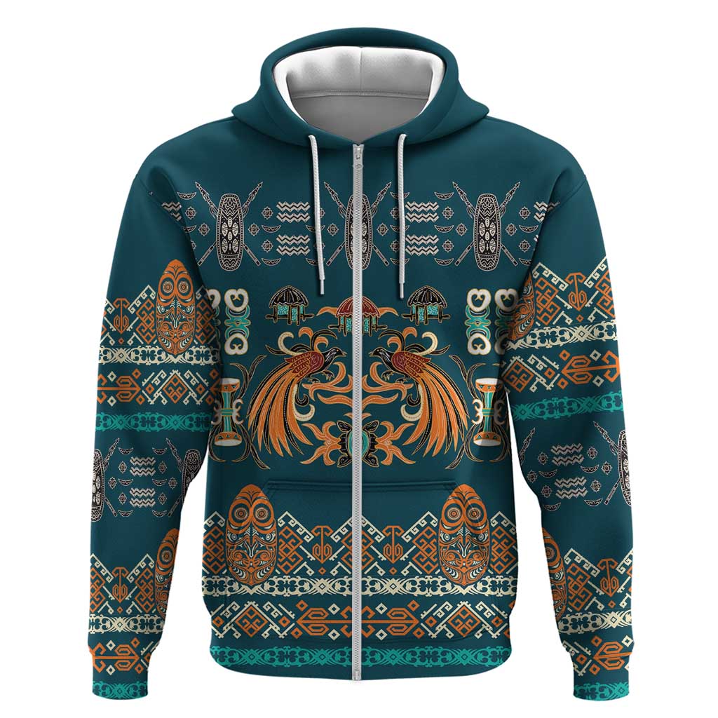 Dark Cyan Blue Batik Papua-inspired Pattern Zip Hoodie - Polynesian Pride