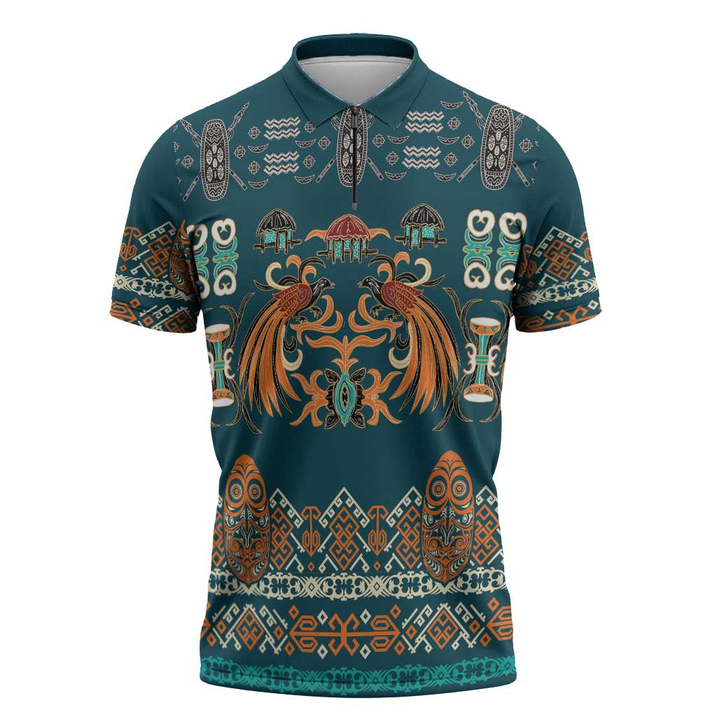 Dark Cyan Blue Batik Papua-inspired Pattern Zipper Polo Shirt LT9 Blue - Polynesian Pride