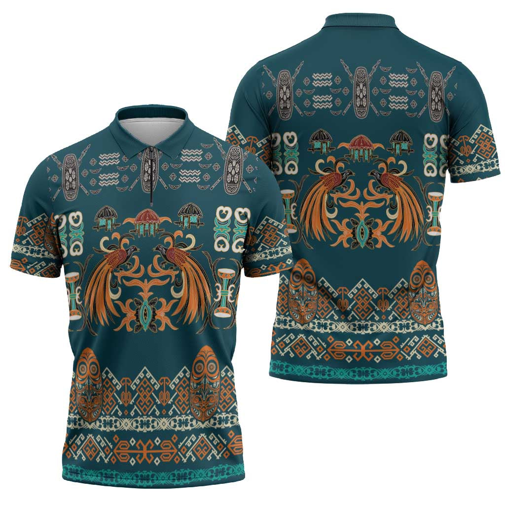 Dark Cyan Blue Batik Papua-inspired Pattern Zipper Polo Shirt LT9 - Polynesian Pride