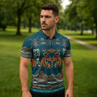 Dark Cyan Blue Batik Papua-inspired Pattern Zipper Polo Shirt LT9 - Polynesian Pride