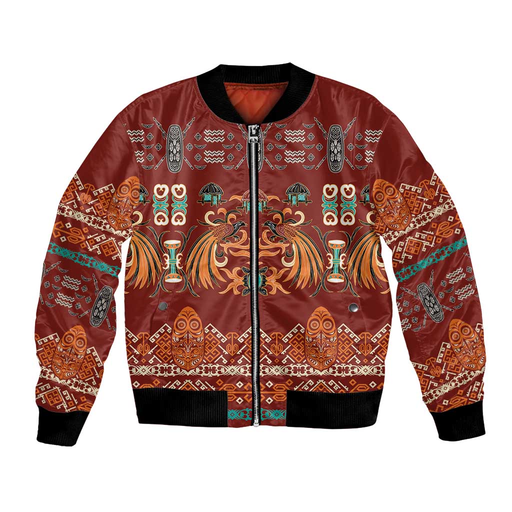 Oxblood Batik Papua-inspired Pattern Bomber Jacket LT9 Unisex Red - Polynesian Pride