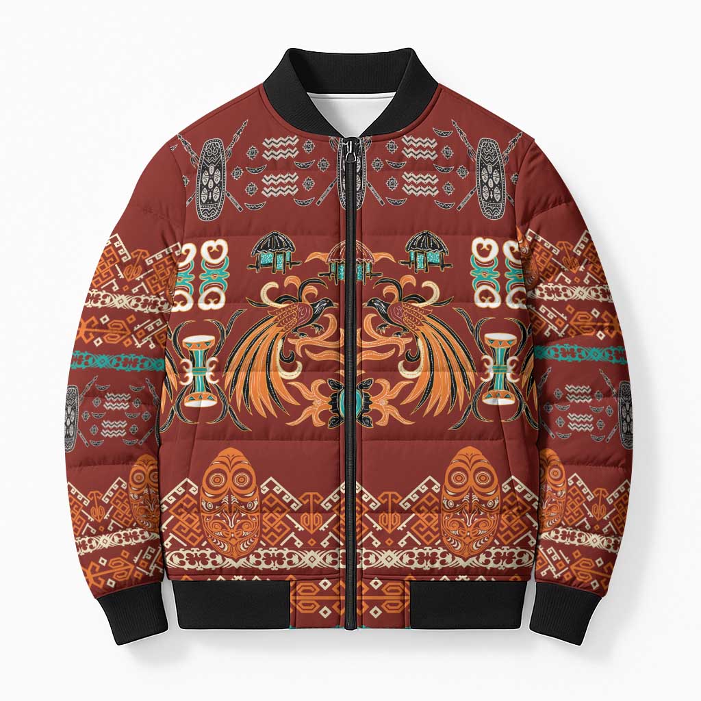 Oxblood Batik Papua-inspired Pattern Bomber Puffer Jacket - Polynesian Pride