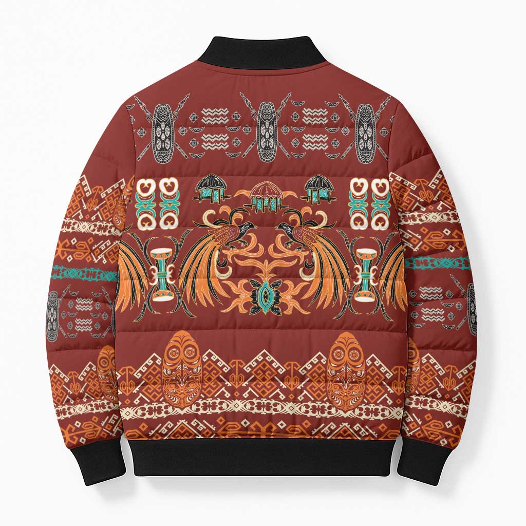 Oxblood Batik Papua-inspired Pattern Bomber Puffer Jacket - Polynesian Pride