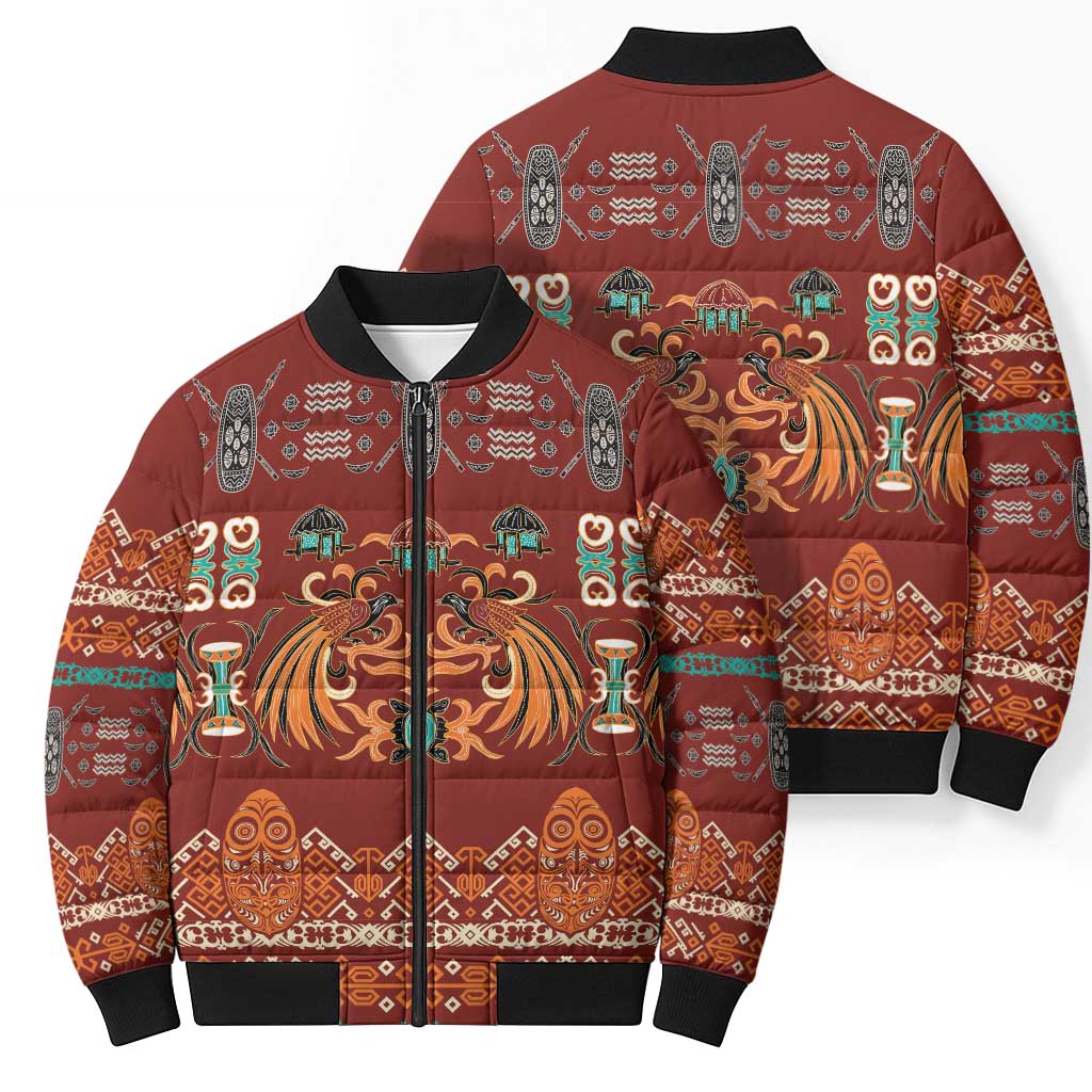 Oxblood Batik Papua-inspired Pattern Bomber Puffer Jacket - Polynesian Pride