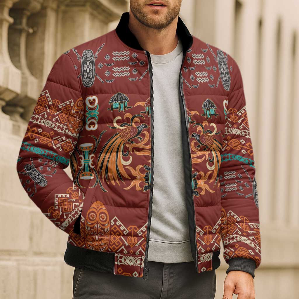 Oxblood Batik Papua-inspired Pattern Bomber Puffer Jacket - Polynesian Pride