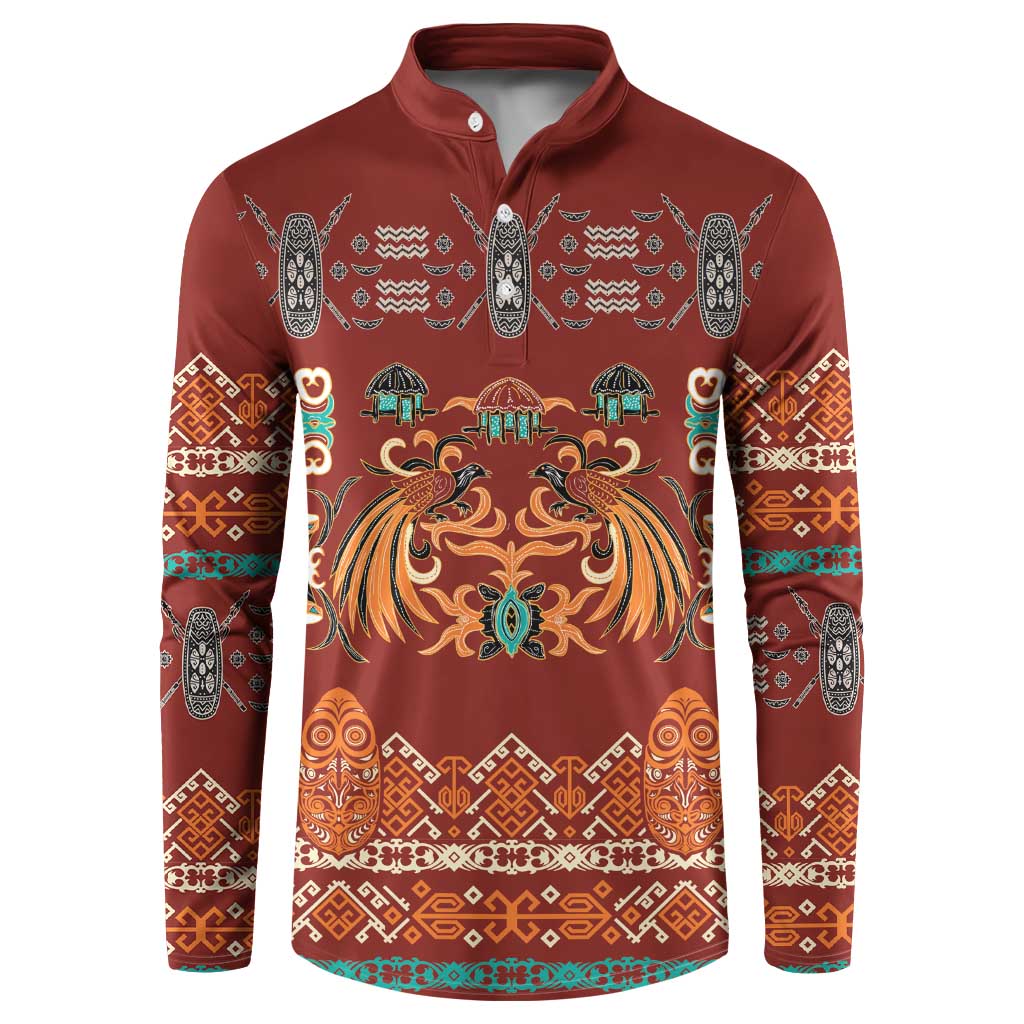 Oxblood Batik Papua-inspired Pattern Button Sweatshirt LT9 Red - Polynesian Pride
