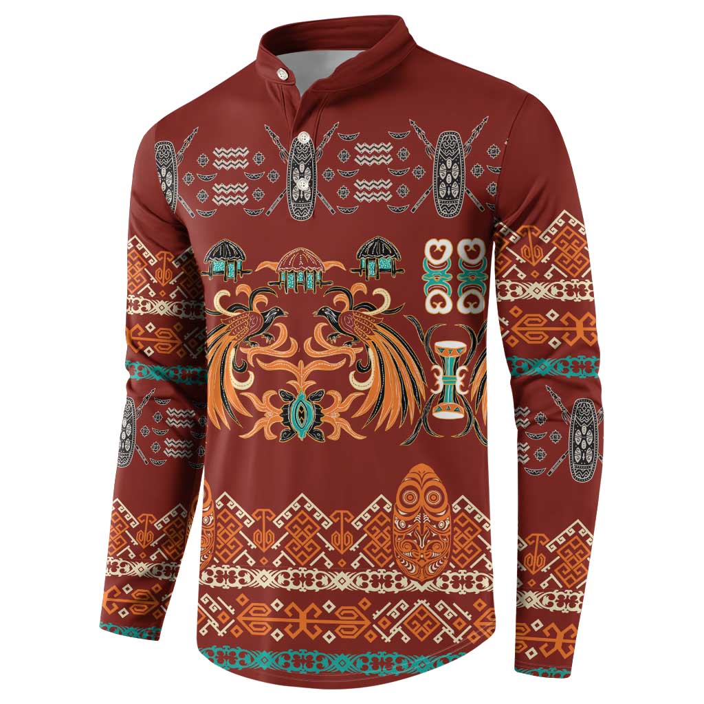 Oxblood Batik Papua-inspired Pattern Button Sweatshirt LT9 - Polynesian Pride