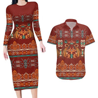 Oxblood Batik Papua-inspired Pattern Couples Matching Long Sleeve Bodycon Dress and Hawaiian Shirt - Polynesian Pride