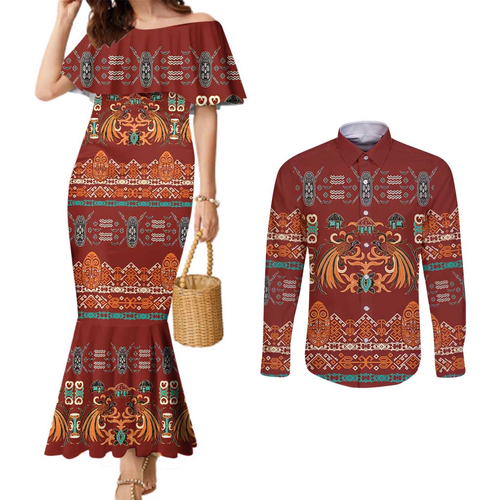 Oxblood Batik Papua-inspired Pattern Couples Matching Mermaid Dress and Long Sleeve Button Shirt - Polynesian Pride