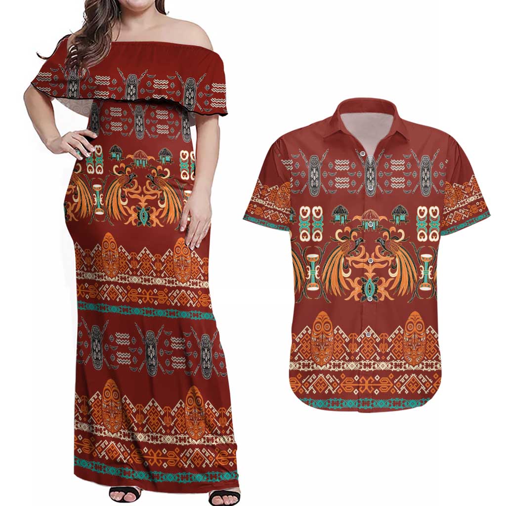 Oxblood Batik Papua-inspired Pattern Couples Matching Off Shoulder Maxi Dress and Hawaiian Shirt - Polynesian Pride