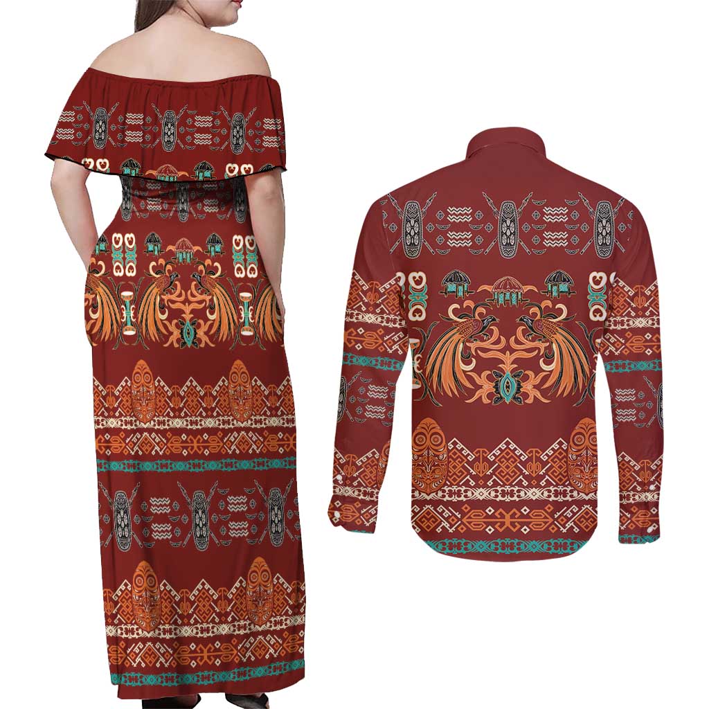 Oxblood Batik Papua-inspired Pattern Couples Matching Off Shoulder Maxi Dress and Long Sleeve Button Shirt - Polynesian Pride