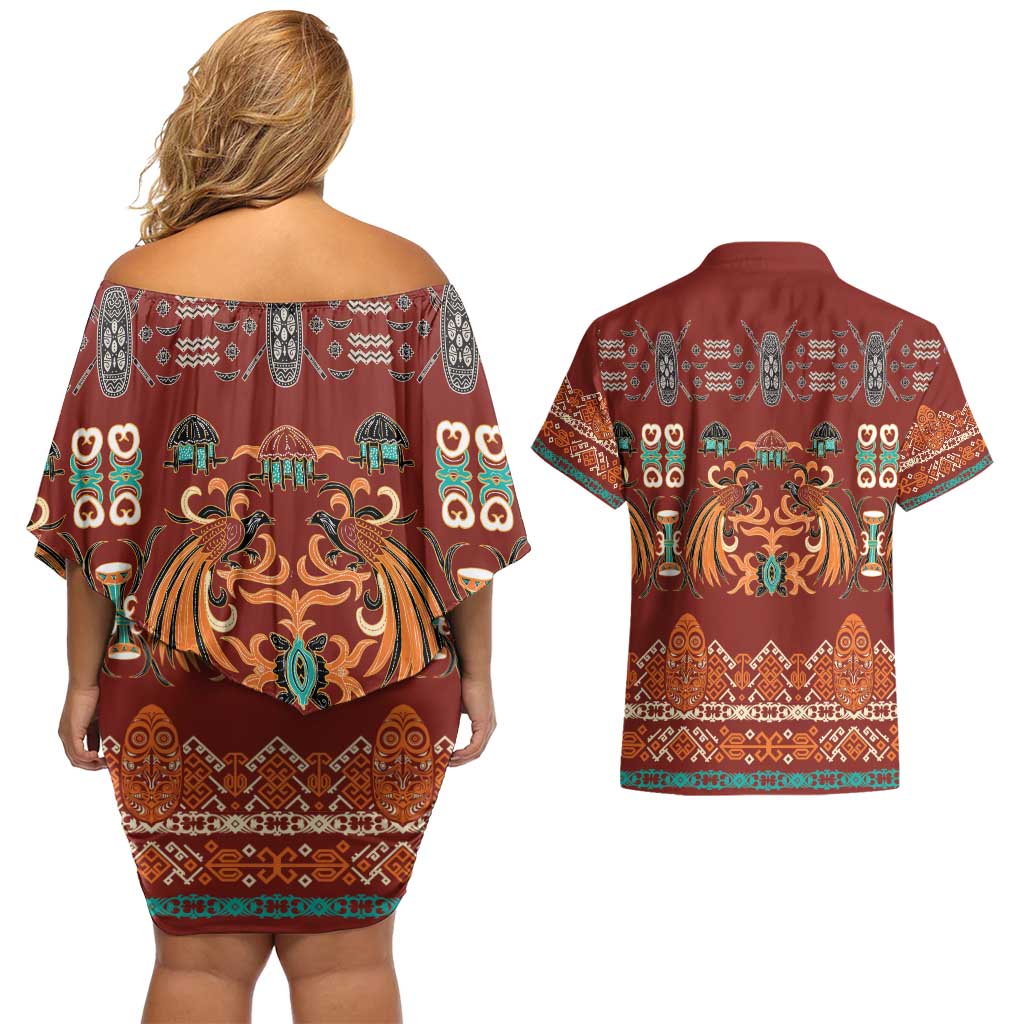Oxblood Batik Papua-inspired Pattern Couples Matching Off Shoulder Short Dress and Hawaiian Shirt - Polynesian Pride