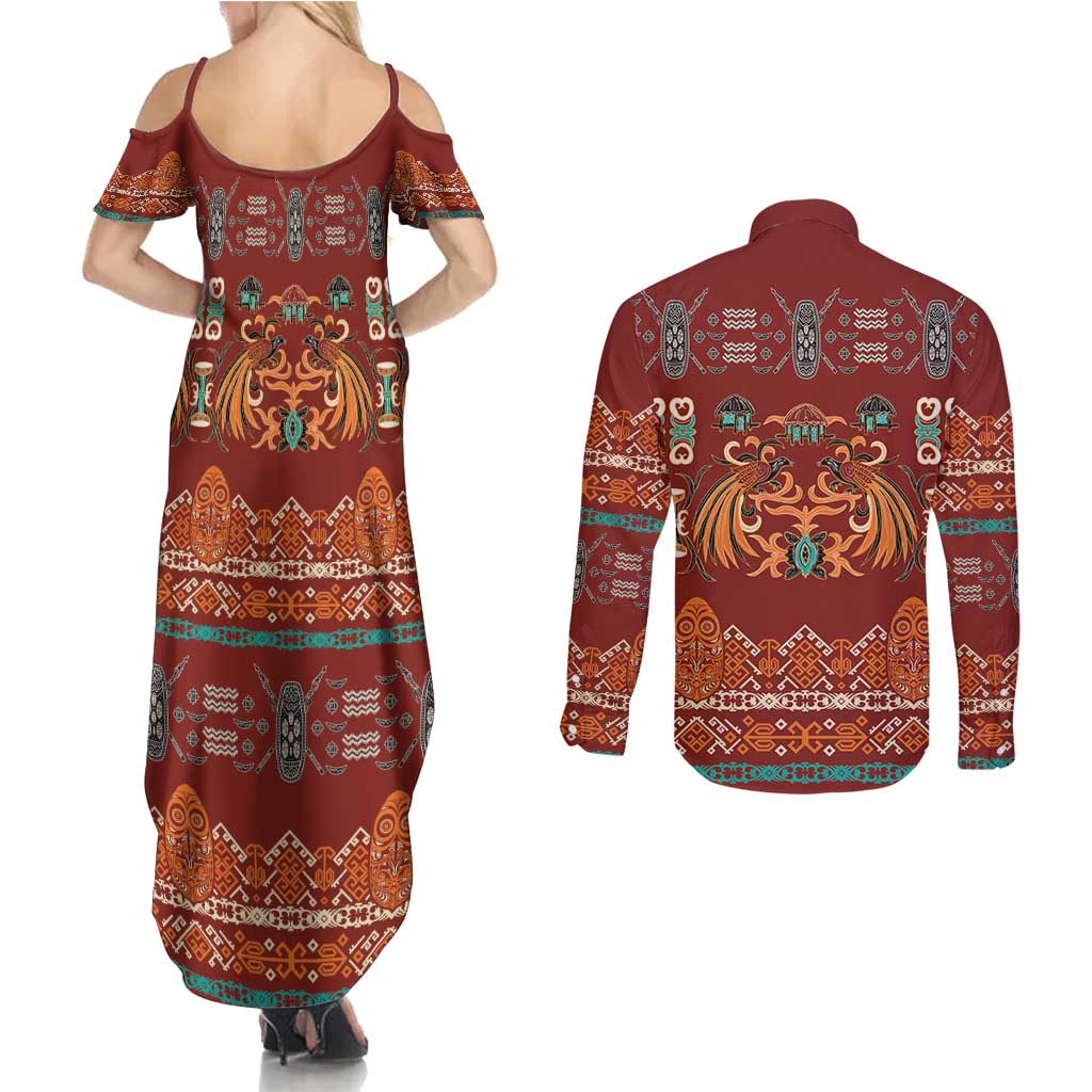 Oxblood Batik Papua-inspired Pattern Couples Matching Summer Maxi Dress and Long Sleeve Button Shirt - Polynesian Pride