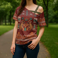 Oxblood Batik Papua-inspired Pattern Cross Shoulder Shirt LT9 - Polynesian Pride