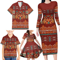 Oxblood Batik Papua-inspired Pattern Family Matching Long Sleeve Bodycon Dress and Hawaiian Shirt - Polynesian Pride