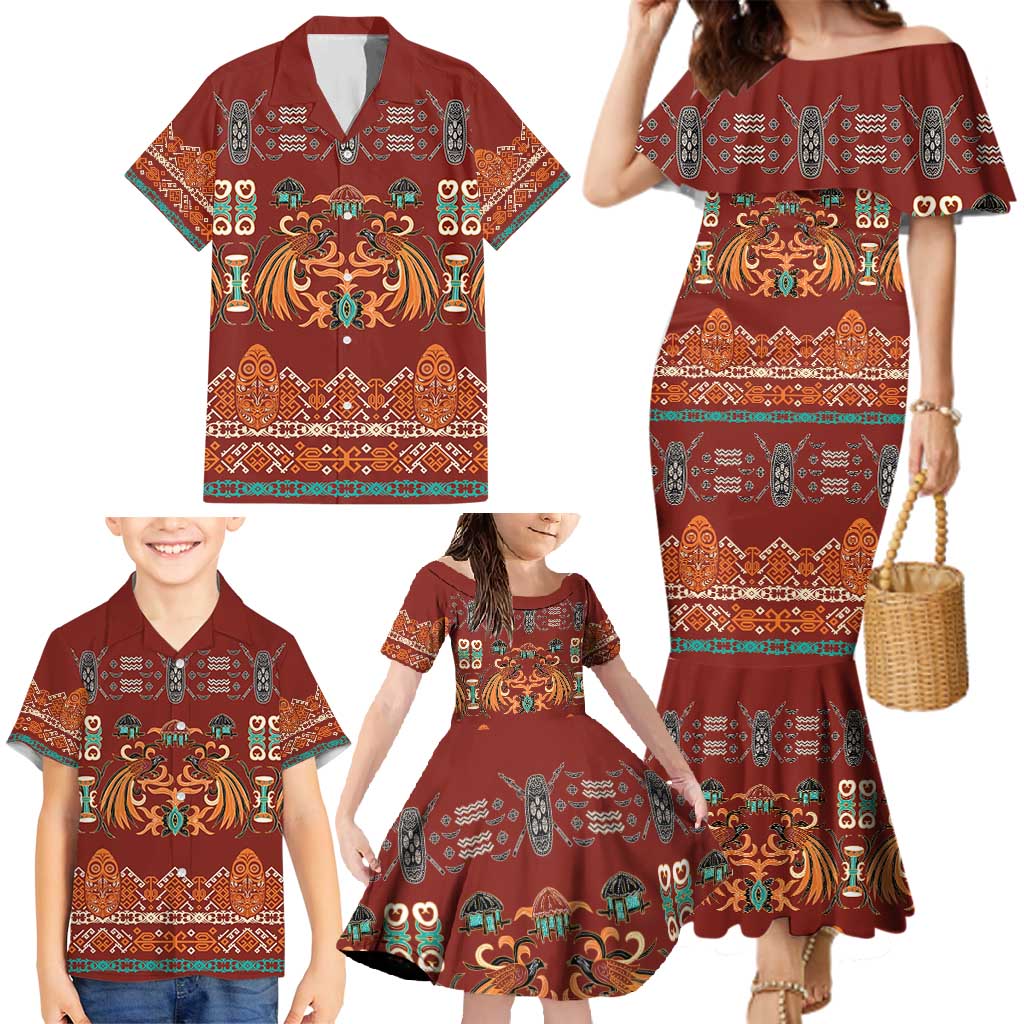Oxblood Batik Papua-inspired Pattern Family Matching Mermaid Dress and Hawaiian Shirt - Polynesian Pride