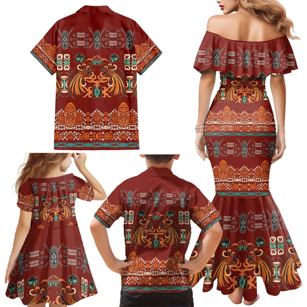 Oxblood Batik Papua-inspired Pattern Family Matching Mermaid Dress and Hawaiian Shirt - Polynesian Pride