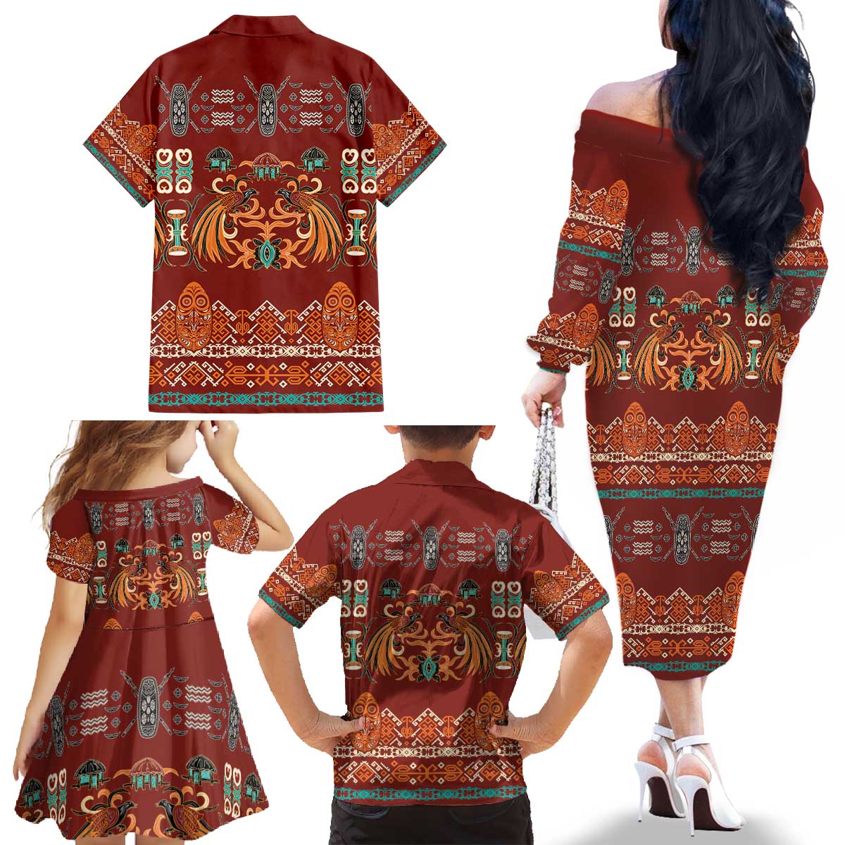 Oxblood Batik Papua-inspired Pattern Family Matching Off The Shoulder Long Sleeve Dress and Hawaiian Shirt - Polynesian Pride