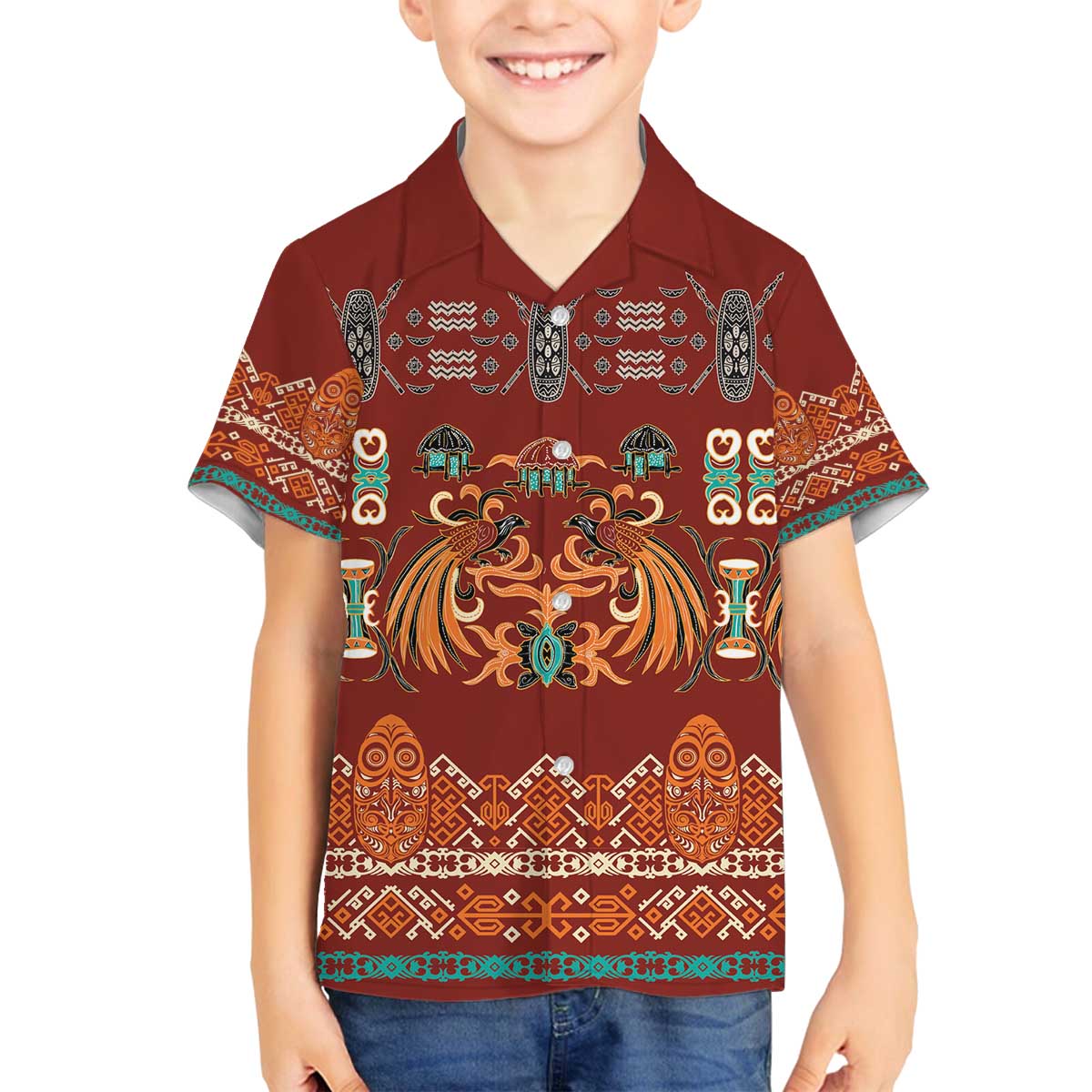 Oxblood Batik Papua-inspired Pattern Family Matching Off The Shoulder Long Sleeve Dress and Hawaiian Shirt - Polynesian Pride