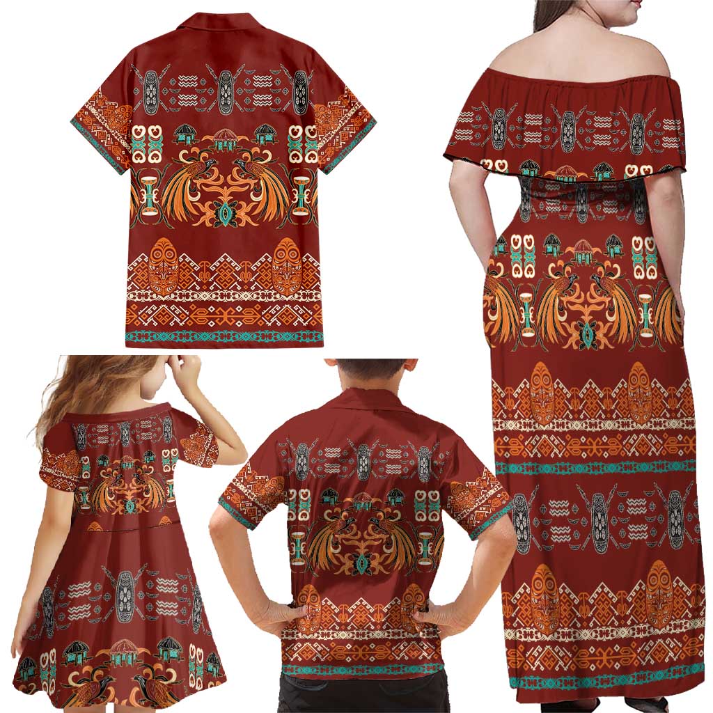 Oxblood Batik Papua-inspired Pattern Family Matching Off Shoulder Maxi Dress and Hawaiian Shirt - Polynesian Pride