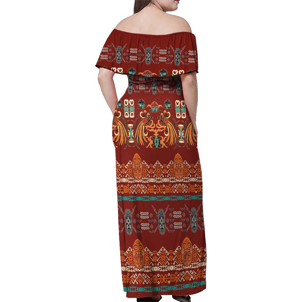Oxblood Batik Papua-inspired Pattern Family Matching Off Shoulder Maxi Dress and Hawaiian Shirt - Polynesian Pride