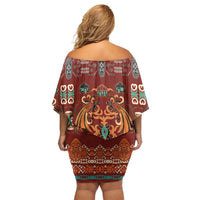 Oxblood Batik Papua-inspired Pattern Family Matching Off Shoulder Short Dress and Hawaiian Shirt - Polynesian Pride