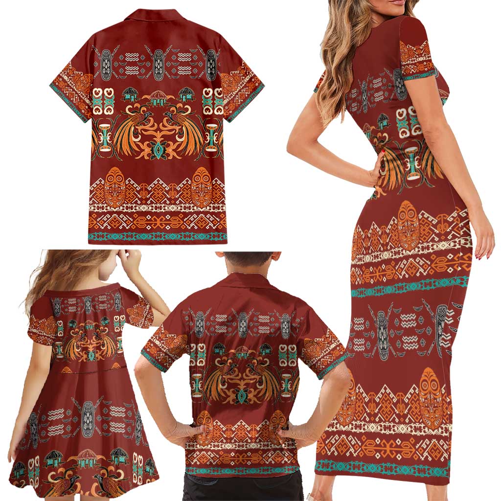 Oxblood Batik Papua-inspired Pattern Family Matching Short Sleeve Bodycon Dress and Hawaiian Shirt - Polynesian Pride