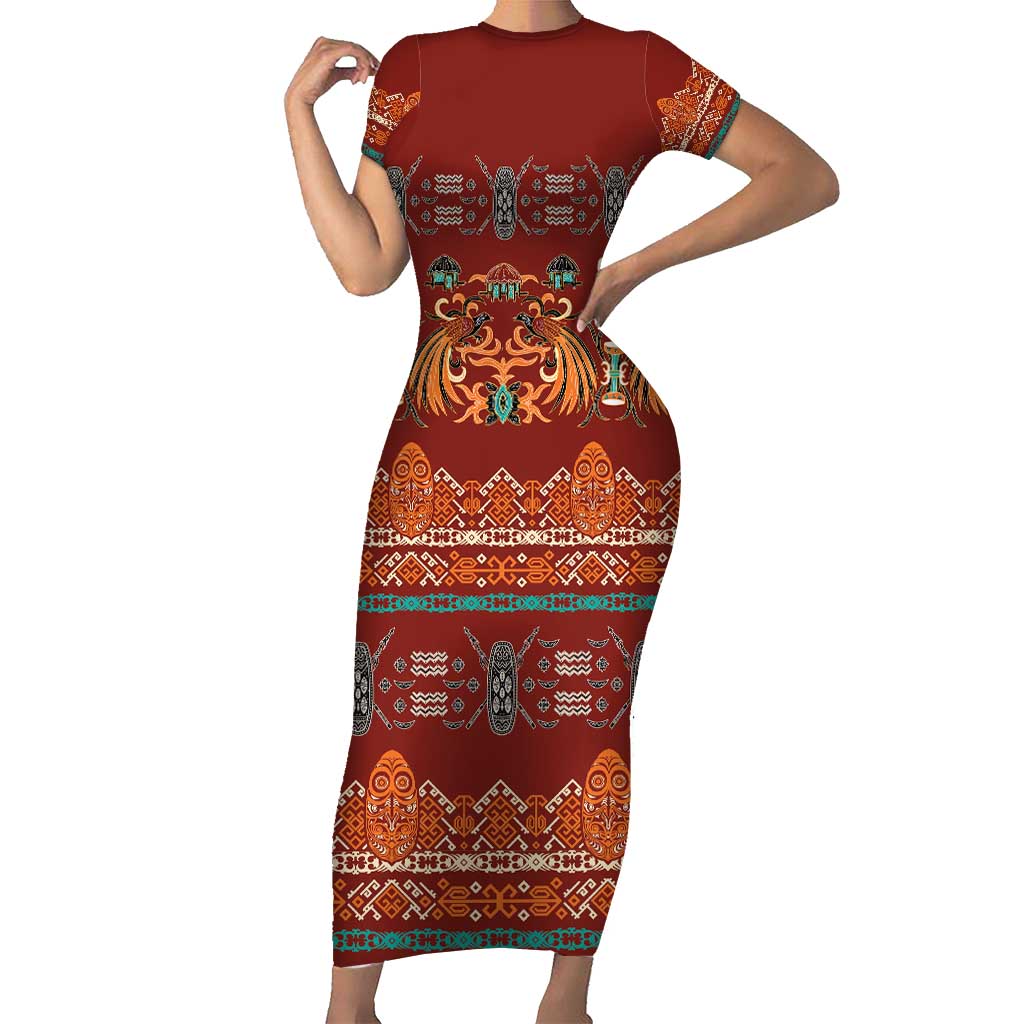 Oxblood Batik Papua-inspired Pattern Family Matching Short Sleeve Bodycon Dress and Hawaiian Shirt - Polynesian Pride